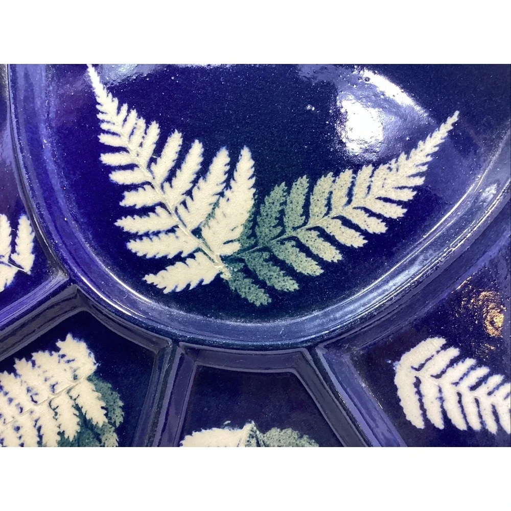 Art Pottery Divided Plate Dish Blue Glaze Fern Details Unsigned Unmarked 9